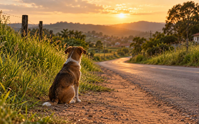 Um cachorro jovem sentado sozinho na beira de uma estrada de terra, olhando para o caminho.