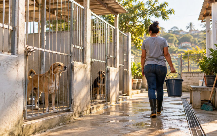 Um cachorro caramelo olha pelo portão de um canil municipal enquanto um funcionário leva um balde de água.