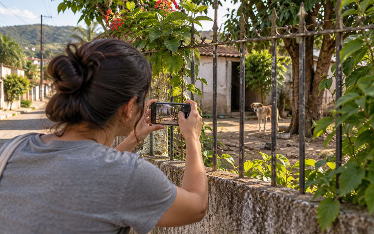Mãos seguram um celular e fotografam, através de um portão, um cachorro preso num quintal ao longe.