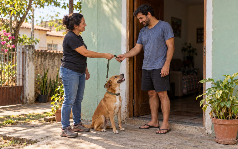 Uma mulher entrega a guia de um cachorro caramelo sentado a um homem na porta de uma casa simples, os dois sorrindo.