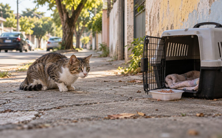 Um gato tigrado e branco agachado na calçada, olhando para uma caixa de transporte aberta com comida na porta.