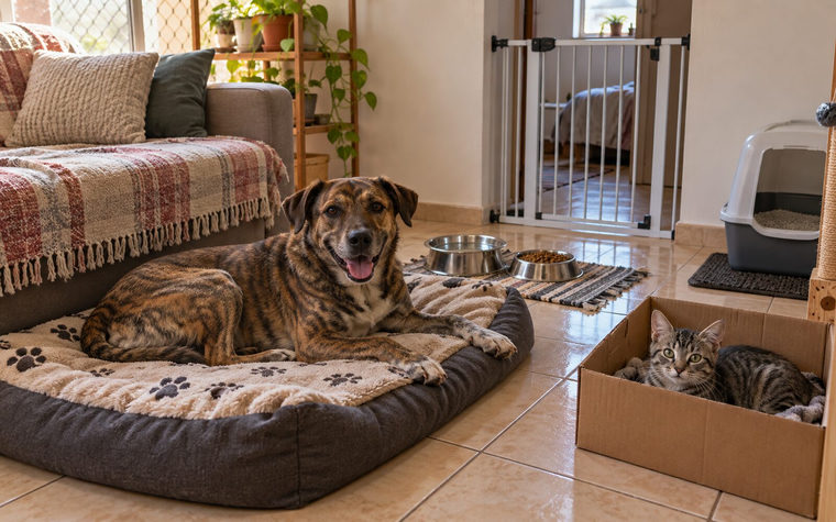 Um cachorro tigrado deitado numa caminha e um gato cinza dentro de uma caixa de papelão, numa sala com potes e caixa de areia.