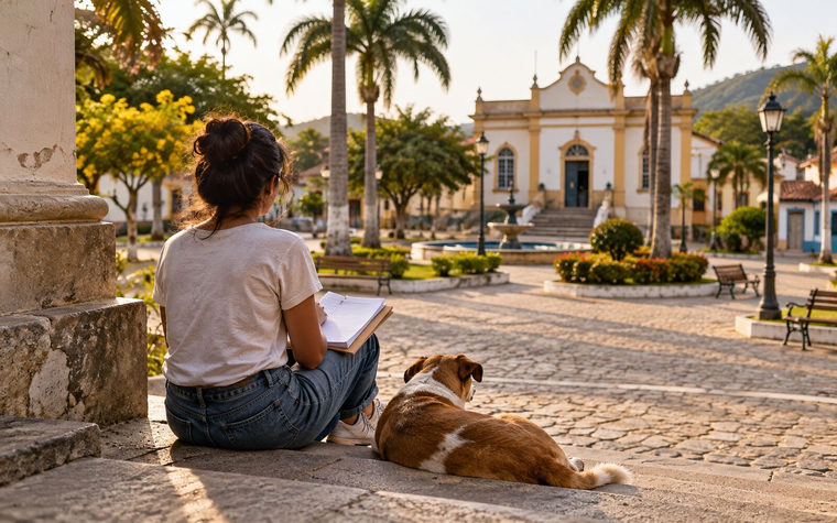 Uma voluntária sentada nos degraus da praça da cidade, com uma pasta de papéis no colo e um cachorro deitado aos pés.